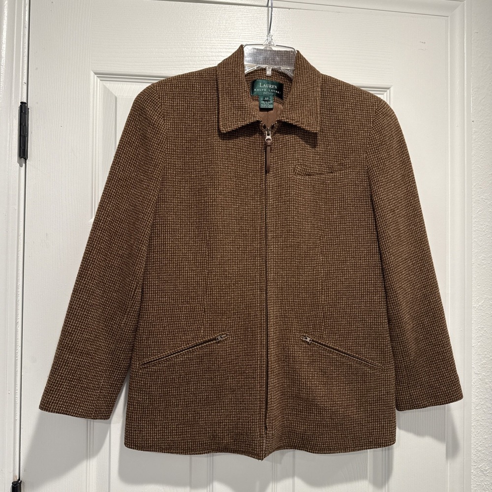 Vintage Ralph Lauren Size 8 P Brown Lined Wool Full Zip Classic Jacket,